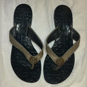 Tory Burch designer leather black thong sandals